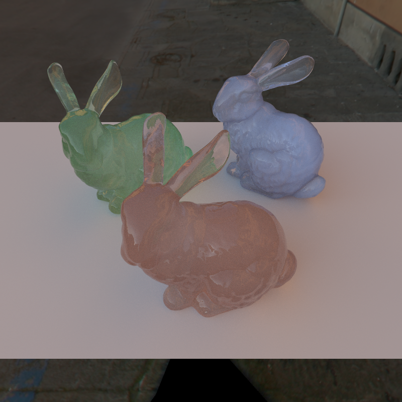 Glass bunnies filled with different media. Left/middle/right: forward/isotropic/back-scattering
