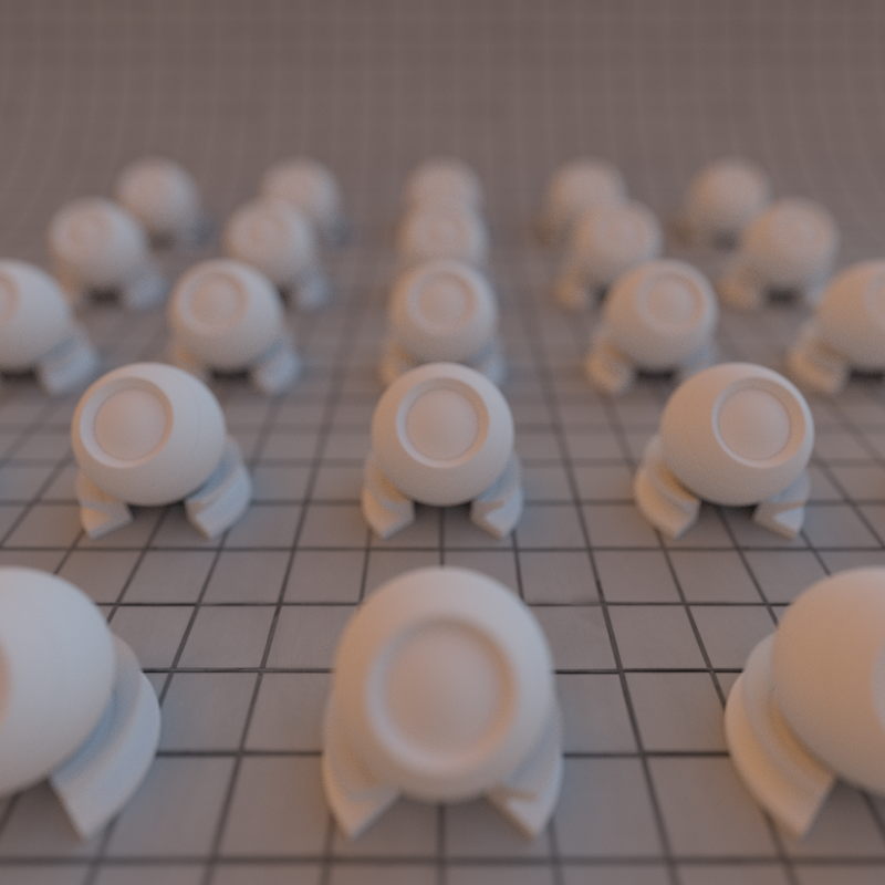 A grid of instanced knobs rendered with shallow depth of field